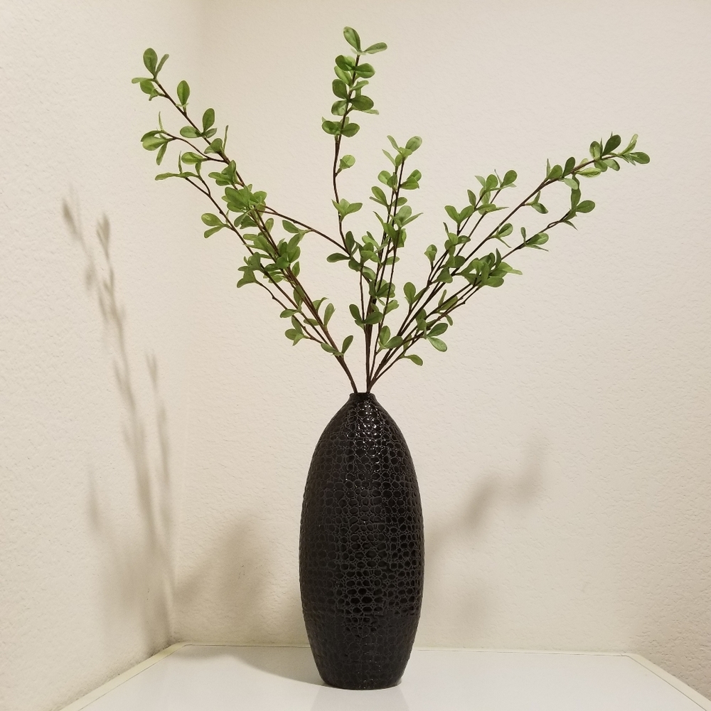 MCM Black Ceramic Oval Vase, 10" tall Crocodile Pattern Black Floral Bud Vase